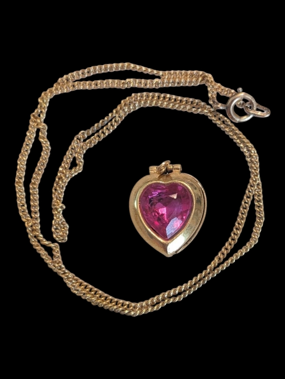 VTG 70s Lovely Tiny Fauceted Pink Gem & Gold Tone Locket Dainty Chain